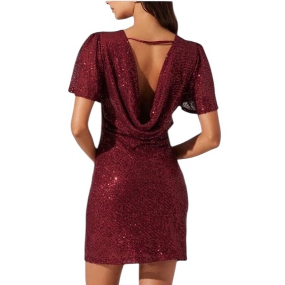 ASTR The Label Flutter Sleeve Draped Back Burgundy Wine Sequined Mini Dress Med - Picture 2 of 14